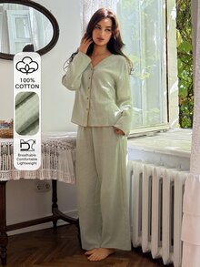 DAZY Women's Long Sleeve Single-Breasted Top And Pants Pajama Set - Green - View 3