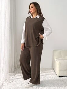 Shapeblank Women's Plus-Size Autumn/Winter Two Pieces Set: Stylish, Loose, Stretchy, And Comfortable Vest Top With Wide-Leg Trousers (Brown),Fall Outfits - Brown - View 6