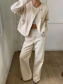 Livesso Women's Button Long Sleeve Jacket And Pocket Long Pants Denim Set - Khaki - View 4