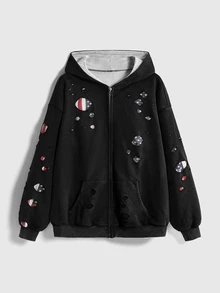 ROMWE Street Life Women's Vintage Distressed American Flag 2 In 1 Streetwear Hooded Sweatshirt Jacket Washed - Black - View 1