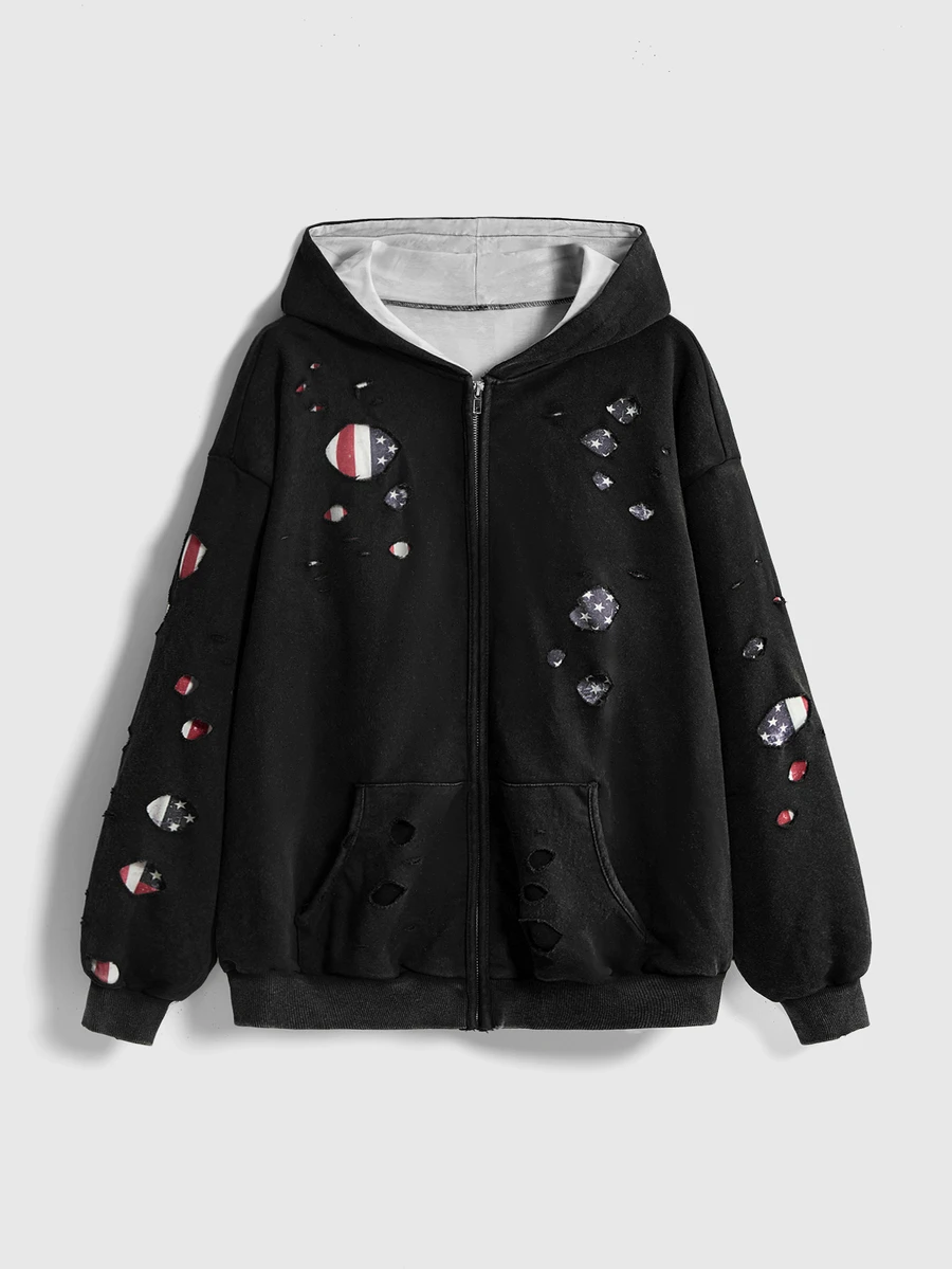ROMWE Street Life Women's Vintage Distressed American Flag 2 In 1 Streetwear Hooded Sweatshirt Jacket Washed - Black - View 1