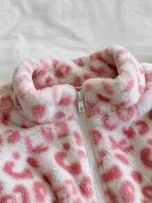 SHEIN EZwear 女款休閒復古老錢風 2000 年代初豹紋無袖毛茸茸短版夾克，米色，適合秋冬日常外出與辦公室穿搭 - 粉色 - 查看 6