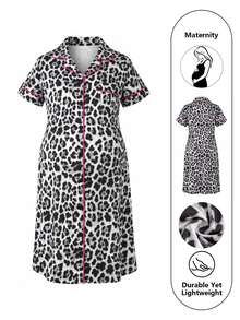 Moonlight&Mama Fashionable Versatile Leopard Print Contrast Trim Lapel Front Button Maternity Short Sleeve House Dress - Grey - View 1