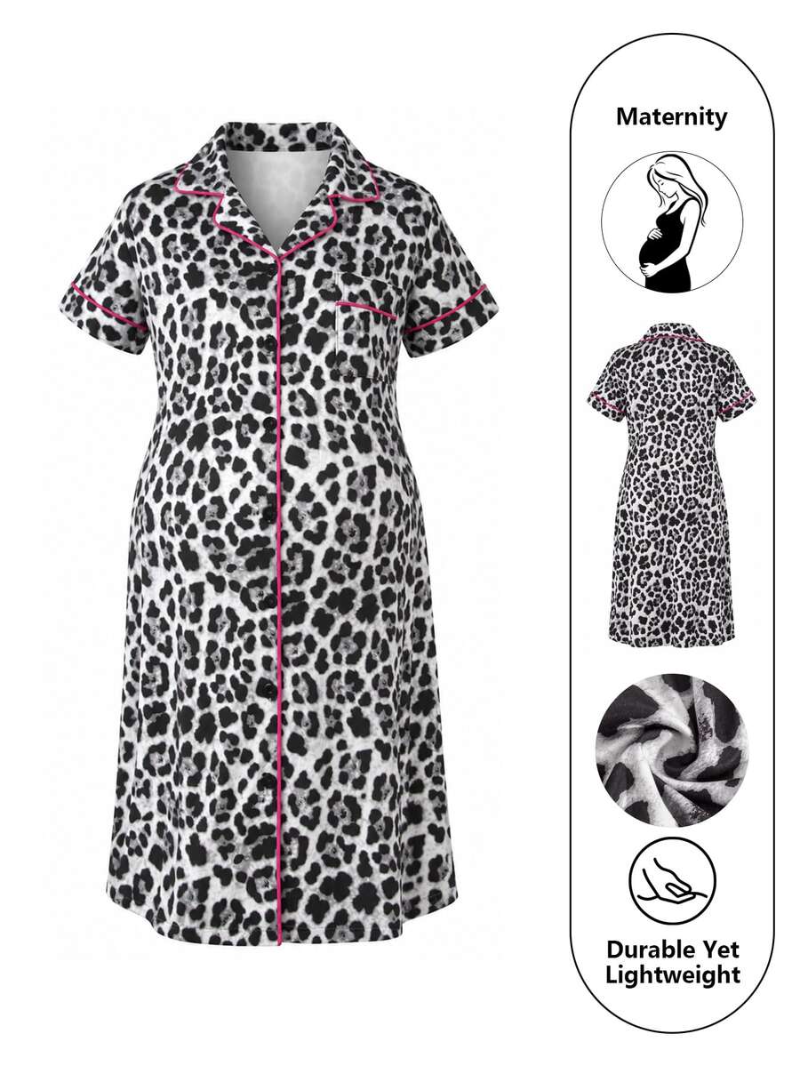 Moonlight&Mama Fashionable Versatile Leopard Print Contrast Trim Lapel Front Button Maternity Short Sleeve House Dress - Grey - View 1
