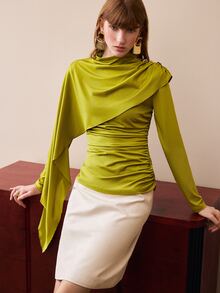 Arave Women's Blouse Slim Ruched Fit Stretch Drape Knit Asymmetric Overlay Wrap Neck Metal Buckle Modern Olive Green Solid Long Sleeve Tops For Women Christ - Mustard Yellow - View 6