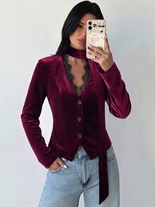Firerie Autumn/Winter Atmosphere Velvet Top With Scarf Tie, V-Neck Lace Trim Patchwork, Slim Fit Flattering Blazer Jacket - Burgundy - View 5