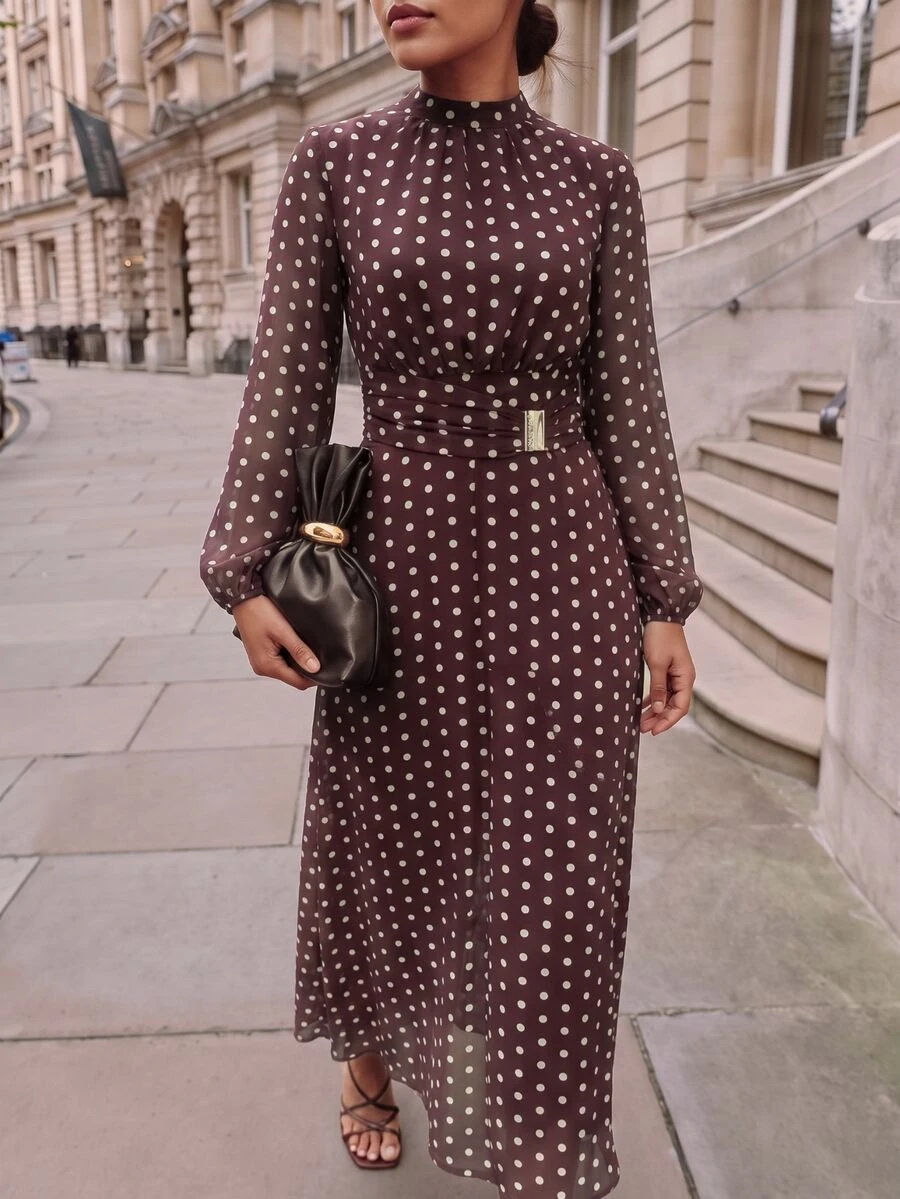 Vesra Women's Polka Dot Round Neck Cinched Waist Metal Decor Long Dress - Coffee Brown - View 1