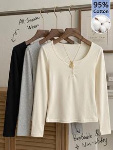 Tseoso 3-Pack Of Women's Solid Color Button Half-Front Long-Sleeved Casual T-Shirts - Multicolor - View 1
