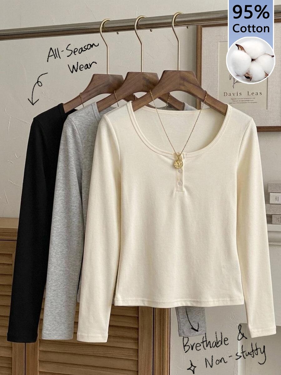 Tseoso 3-Pack Of Women's Solid Color Button Half-Front Long-Sleeved Casual T-Shirts - Multicolor - View 1