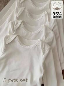 SHEIN 5件組新生女嬰可愛白色長袖連身衣套裝，秋冬中性款 - 白色 - 查看 7