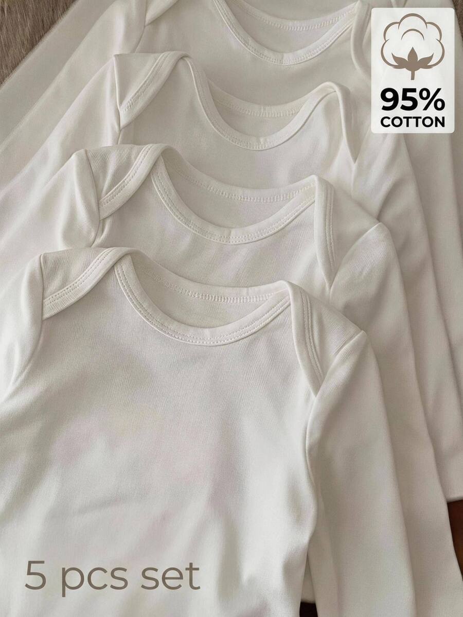 SHEIN 5pcs/Set Newborn Baby Girls Cute White Long Sleeve Bodysuit Set, Autumn/Winter Neutral - White - View 1