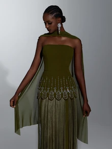 Elitara Elegant Army Green Knit Chiffon Strapless Evening Gown With Rhinestone And Bead Embellishments And Tassel Hem - Army Green - View 3