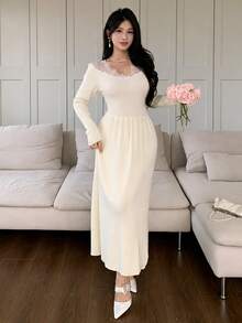 Feyla Women's Contrast Lace Long Sleeve Elegant Long Knit Dress - White - View 5