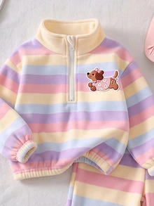 SHEIN 女童卡其棕豹紋保暖內裡兩件套，半拉鍊立領上衣 + 寬腿褲，加厚保暖內裡 - 彩色 - 查看 3