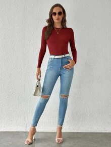SHEIN BASICS 女款純色淺藍長袖連身衣圓領彈性打底上衣 - 酒紅色 - 查看 4