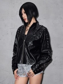 ROMWE Grunge Punk Punk Stand Collar Lace-Up Cropped Leather Jacket With Rivet Decor Women's Regular Outerwear - Black - View 8