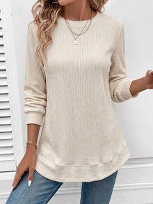 SHEIN LUNE Women's Casual Textured Ribbed Curved Hem Long Sleeve Sweatshirt, Suitable For Autumn/Winter - Multicolor - View 5