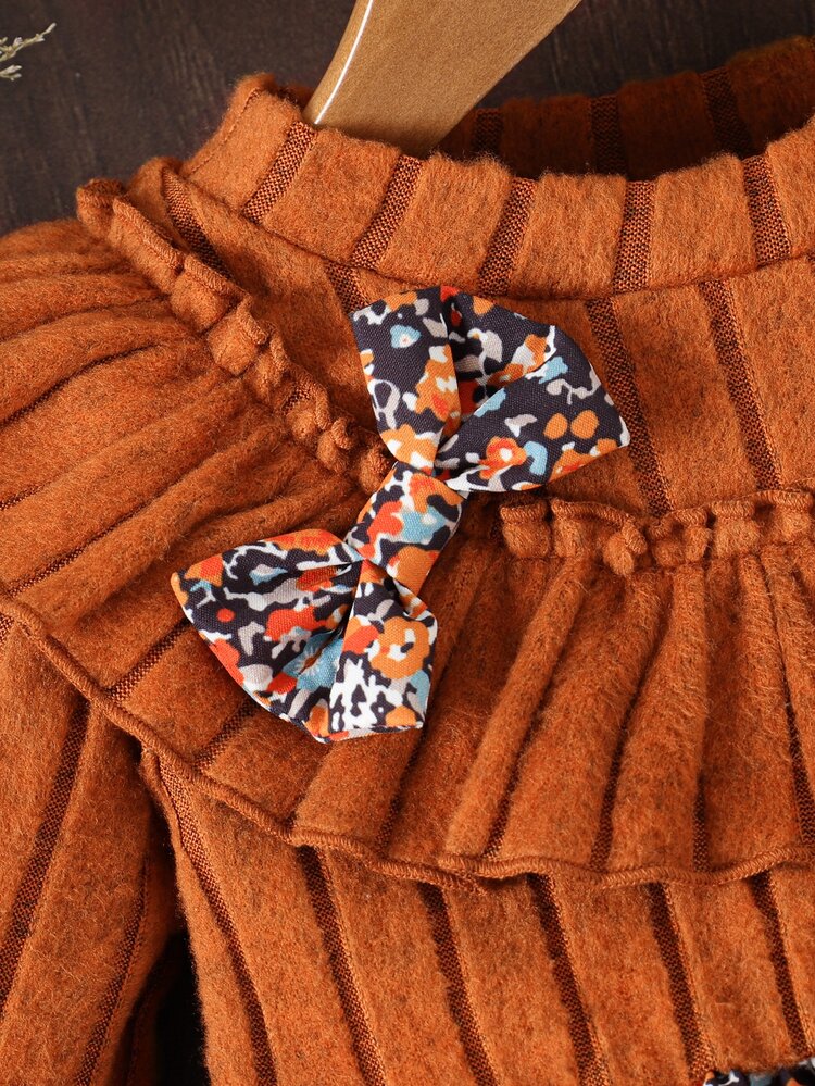SHEIN Infant Girls Autumn Dress, Ruffle Trim Ribbed Long Sleeve Patchwork Floral Dress With Bow Decor, A-Line Dress - Brown - View 5