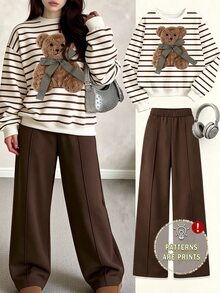 (1 Set) Tween Girls Autumn/Winter Casual Fresh Mint Chocolate Striped Crew Neck Sweatshirt With Toothpick Stripe Straight Leg Pants - Multicolor - View 1