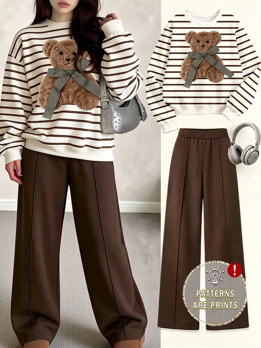 (1 Set) Tween Girls Autumn/Winter Casual Fresh Mint Chocolate Striped Crew Neck Sweatshirt With Toothpick Stripe Straight Leg Pants - Multicolor - View 1