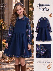 SHEIN Tween Girl Floral Digital Print Ribbed Mock 2-Piece Dress Elegant Ruffle Long Sleeve Peter Pan Collar Fall Winter High Waist Flared A-Line Midi Dress - Royal Blue - View 1