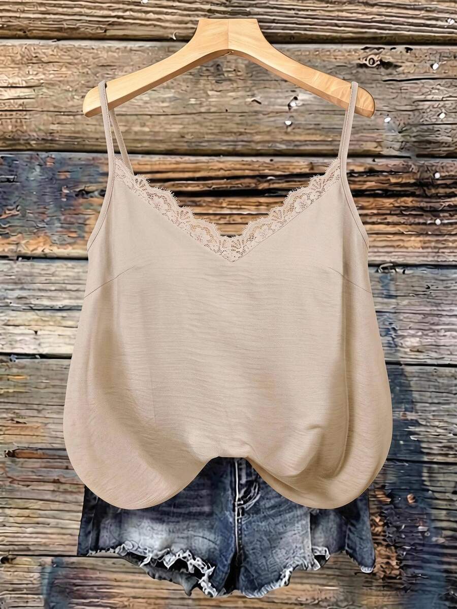 SHEIN VCAY Plus Size Women's Lace Trim Fitted Versatile Daily Wear Camisole - Khaki - View 1
