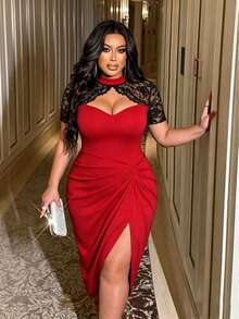 NU&NOW Plus Contrast Lace Cut Out Front Ruched Split Thigh Dress Halloween Party Night Black Summer Sexy Elegant - Red - View 3