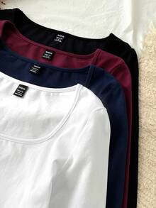 Tseoso 4-Pack Of Women's Solid Color Square Neck Long-Sleeved Casual T-Shirts - Multicolor - View 5