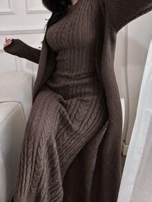 Feyla 2件組女款優雅純色立領麻花無袖洋裝與長袖開襟外套套裝，秋冬款 - 咖啡棕 - 查看 2
