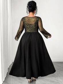 Elenzga Plus Size Women's Black & Gold Mesh Asymmetrical Shoulder A-Line Long Sleeve Maxi Dress, Suitable For Daily Commute, Party, Date And Other Occasions - Multicolor - View 2