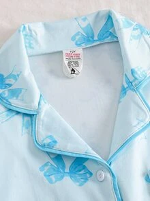 青少年女孩蝴蝶結印花長袖單排扣上衣與長褲家居服套裝 秋冬款 - 藍色 - 查看 4