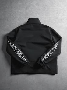Manfinity Hypemode 男士立領拉鍊夾克，字母印花設計，長袖彈性袖口休閒外套，秋季街頭風，都市休閒夾克，適合日常穿著、外出、運動休閒、學校、派對、音樂節，可作為送給朋友、男友的禮物 - 黑色 - 查看 2