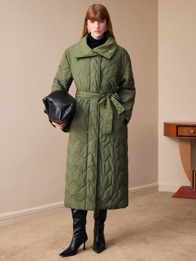 SHEIN Autumn/Winter Olive Green Military Green Solid Color Fluffy High-Quality Long Padded Coat With Large Collar, Belt Waist, Multi-Wear Cocoon Shape, Wavy Geometric Quilted Pattern, Women's Long Padded Coat, Elegant Old Money Commute Luxury Casual Sport Street Style Versatile