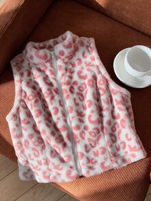 SHEIN EZwear 女款休閒復古老錢風 2000 年代初豹紋無袖毛茸茸短版夾克，米色，適合秋冬日常外出與辦公室穿搭 - 粉色 - 查看 7