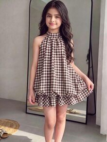 SHEIN Tween Girl Tween Girl Tween Girl Plaid Khaki Halter Tie Mini Dress - Khaki - View 12