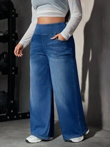 SHEIN Essnce Winter Street High Waist Pocket Denim Dark Blue Daily Wear Wide Leg Jeans - Light Wash - View 4