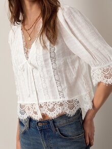 Willow Rêve Women's White V-Neck Lace Patchwork Button-Front Top - White - View 7