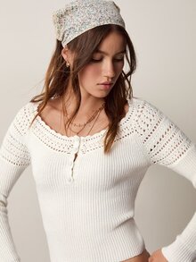 Willow Rêve Women's Cream Round Neck Half-Button Knit Top - Cream - View 4
