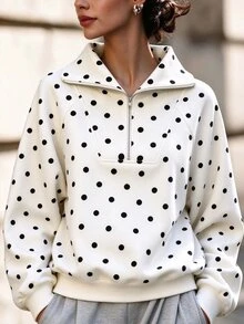 INAWLY Casual Loose Fit High Neck Half-Zip Printed Long Sleeve Sweatshirt - Apricot - View 5