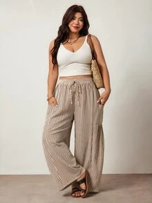 Enliva Plus Size Women's Loose Drawstring Striped Casual Pants Apple,Rounded Body - Multicolor - View 7