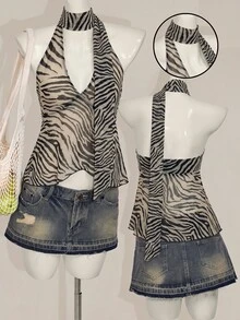 SHEIN ICON 女款休閒性感露背背心，斑馬紋 - 彩色 - 查看 7