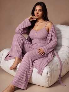 Lazeform طقم بيجامة نسائي كاجوال بمقاس كبير، روب مخطط بنسيج بارز وأكمام طويلة + توب كاميسول وبنطلون - وردي مغبر - مشاهدة 3