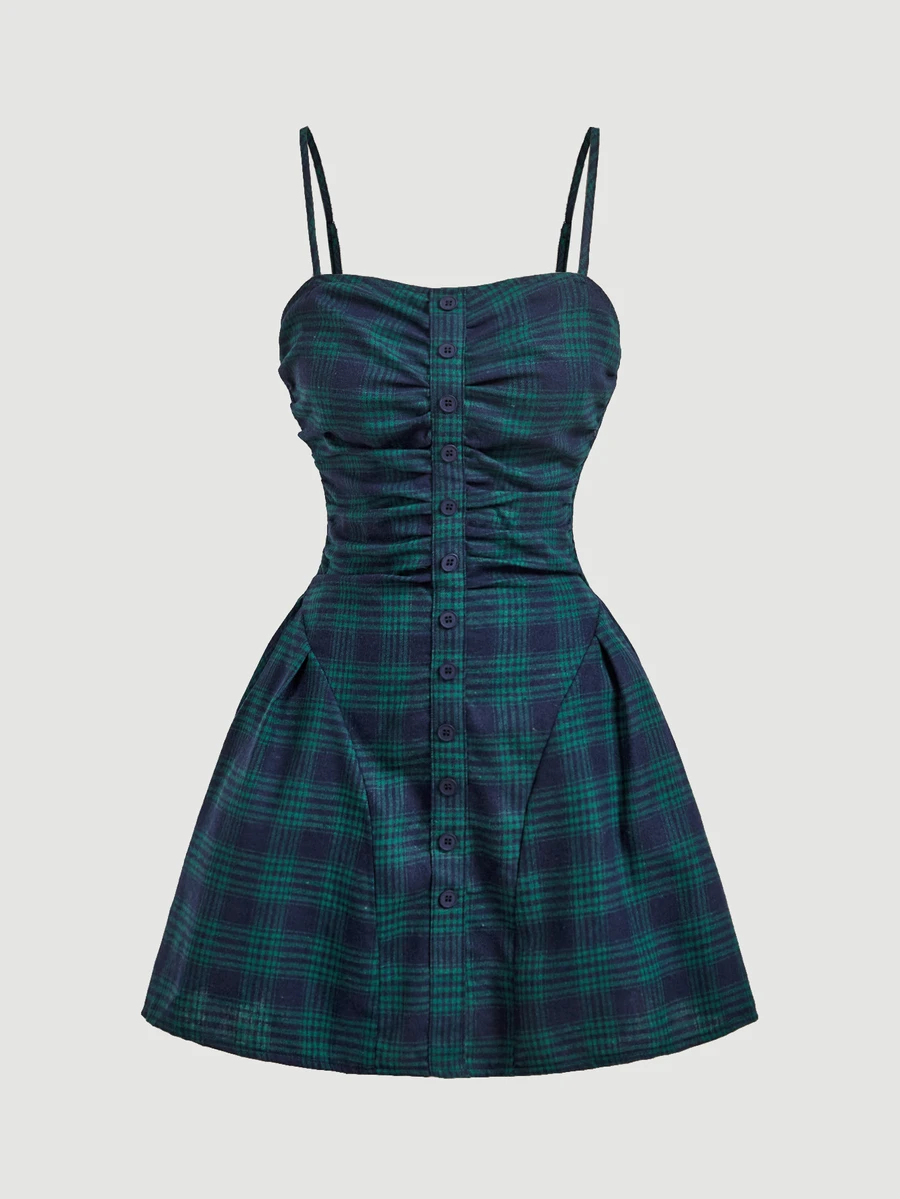 SHEIN MOD 女款格紋百褶休閒學院風 70 年代日常夏季迷你細肩帶洋裝 午餐聚會海軍藍 - 墨綠色 - 查看 1