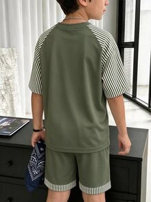 小男孩休閒純色圓領短袖T恤與短褲套裝 夏季 Y2K 度假風 - 彩色 - 查看 2