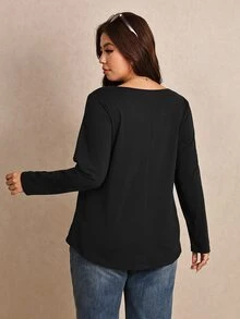 Elaquor Plus Size Women Lace Patchwork Casual Daily Wear T-Shirt - Black - View 2