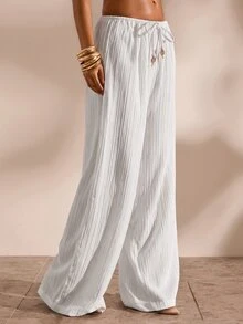 Opulessa Women's Drawstring Waist Casual Daily Wear Cover-Up Pants - White - View 6