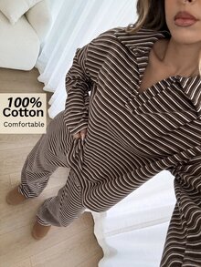 Siren Gaze 100%純棉女款休閒條紋長袖 Polo 衫與寬鬆長褲套裝，棕色睡衣套裝，休閒、居家、辦公、聖誕 - 棕色 - 查看 1