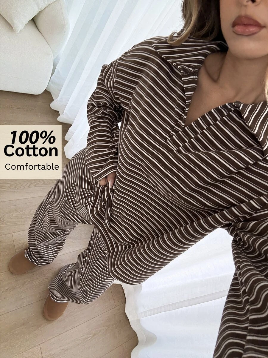 Siren Gaze 100%純棉女款休閒條紋長袖 Polo 衫與寬鬆長褲套裝,棕色睡衣套裝,休閒、居家、辦公、聖誕 - 棕色 - 查看 1