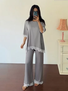 DAZY Women's Lace Patchwork Top And Long Pants Loungewear Set - Dusty Blue - View 6