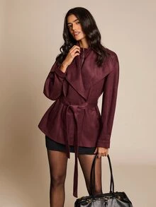 SHEIN Glamour جاكيت نسائي كاجوال يومي من الجلد الصناعي والفليس 2 في 1 - بني - مشاهدة 6